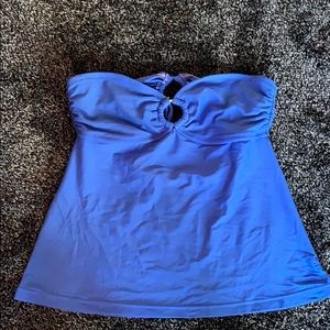 Blue tankini two piece bathing suit.